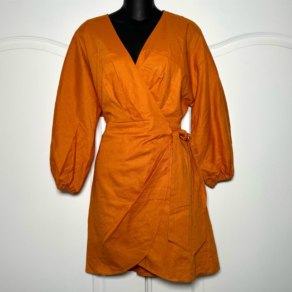 Express Linen Blend V-Neck Long Sleeve Tie Wrap Mini Sheath Dress NWT Size M - Picture 6 of 10